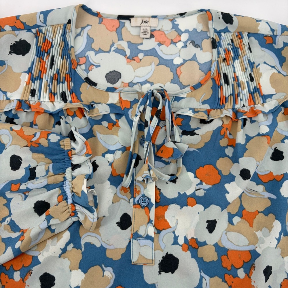 Joie Women Blue Orange Floral Pintuck Ruffle Tie Neck Blouse Size Large L